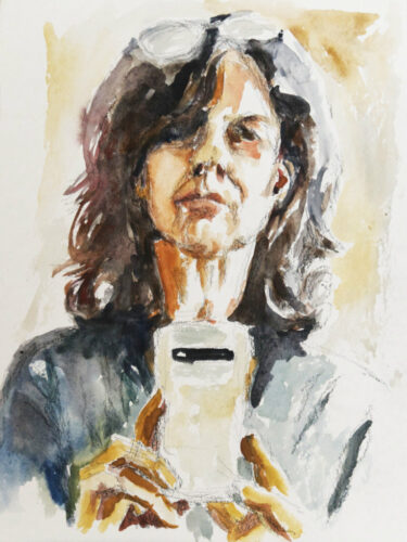 Drawing of a woman, glasses on her head and taking a selfie with a smartphone.