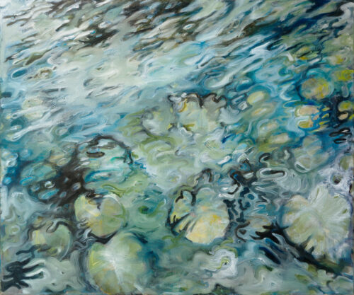 Painting of blue water with ripples and water lilies