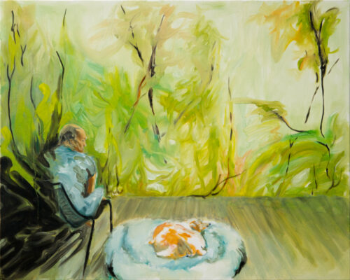 Painting of a man and a dog sitting and lying on a terrace in a garden