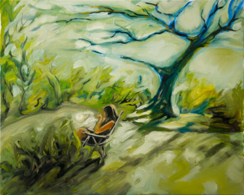 Painting of a women on a chair in a green environment