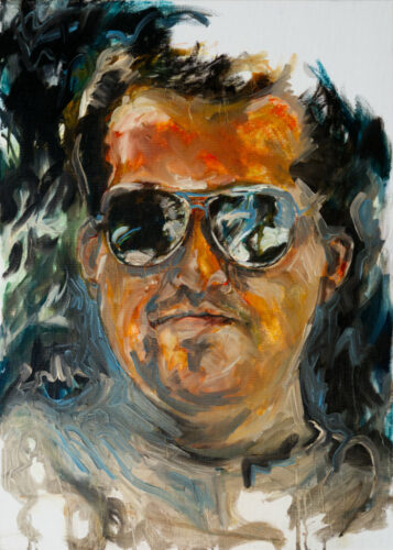 Painting of a man's face with reflecting sunglasses