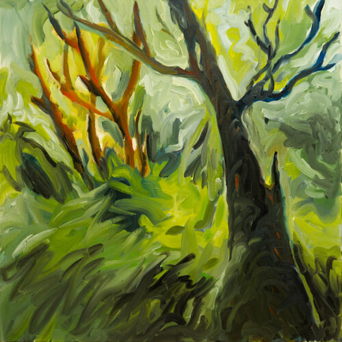 Painting of a tall tree in front of a sunlit green background